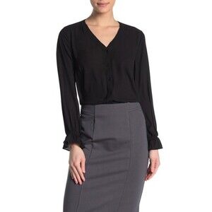 T Tahari Feminine Button Front Long Sleeve Blouse Black Size M $129